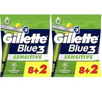 Gillette Rasoirs Jetables Blue3 Sensitive Pour Homme X10, À 3 Lames, Tête Pivotante À 40°, Bande Lubrifiante, Avec La Technologie Comfortgel (Lot de 2)