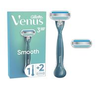 Gillette Venus Rasoir Femme Smooth, 2 Recharges, Bleu - Manche Réutilisable, Tête de Rechange à 3 Lames en Acier Inoxydable, Pivotante, Bande Lubrifiante, 1 Cartouche Jusqu’à 30 Jours de Rasage