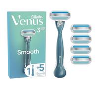 Gillette Venus rasoir pour femme Smooth, manche bleu réutilisable et compatible avec les recharges Venus, lot de 5 rechanges à 3 lames en acier inoxydable, bande lubrifiante pour protéger la peau