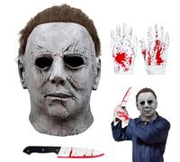 Gillterway 3 Pièces Michael Myers Masque, Halloween Michael Myers Masque Latex Effrayant, avec Couteau Jouet et Gant, Parfait pour Cosplay et Soirées à Thème (A)