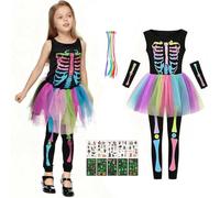 Gillterway Deguisement Halloween Squelette Fille, Coloré Deguisement Halloween Fille Squelette, avec Extensions de Cheveux, pour Carnaval Cosplay Party (M)