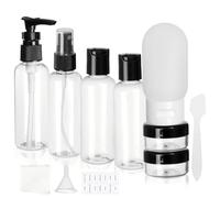 Giloty Kit de 4 Flacons Voyage 80 ml avec Pots à Crème, Entonnoir, Spatule et Pochette - Contenants Réutilisables pour Shampooing, Gel Douche et Cosmétiques