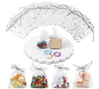 Giloty Sachet Organza Blanc 200 Pièces, 7 x 9 cm, Sac en Tulle Rond Blanc avec 4 Rouleaux de Ruban pour Bonbons, Bijoux, Lavande, Faveur de Mariage