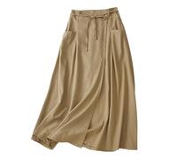 Giltpeak Jupe longue d'été en lin et coton pour femme Taille haute élastique Style décontracté vintage trapèze Jupe midi avec poche, kaki, L