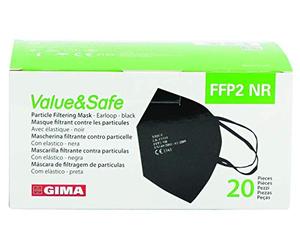 GIMA Masque filtrant FFP2 Value & Safe, 5 couches, noir, ergonomique, pliable, anti-poussière, élastiques flexibles et extensibles, DPI classe III, 20 unités en sachets individuels, GB, FR, IT, ES, PT