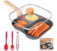 Gimars 5 en 1 Poêle à 3 Emplacements en Aluminium Antiadhésive avec Couvercle, Spatule, Brosse à Huile, Pince, Sans PFOA, Compatible Tous Feux Dont Induction, Idéale pour un Petit-déjeuner Rapide