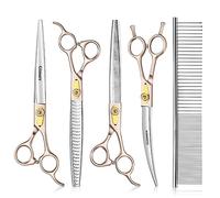Gimars 8 Inch Professional 440C Stainless Steel Dog Grooming Scissors Heavy Duty 6 In 1 - Straight, Thinning, Chunker, Curved Shears and Comb, Ergonomic Pet Grooming Scissor for Dogs, Cats