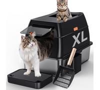 Gimars Litière INOX 3 en 1 pour Chats, bac en Acier avec parois Hautes, Double entrée, Couvercle, Pelle Incluse, Facile à Nettoyer, Grande Taille, idéal Multi-Chats