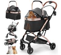 Gimars Mise à Niveau Poussette Pliable 4 en 1 Supporter 20kg pour Petits Chiens et Chats, avec Fenêtre en Filet Porte-Animal Amovible, Roues Avan à 360°, Frein Habillage Pluie Panier Rangement Noir