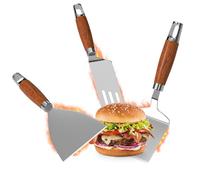 Gimars Set de 3 Spatules Professionnelles en Acier Inoxydable 430, Manche en Bois pour Gâteau, Carrée et Triangle, Accessoires Barbecue, Teppanyaki, Crêpes | Idée Cadeau