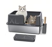 Gimars XXL Bac à Litière Chat en INOX 37L, Grande Capacité Anti-Fuite à Bords Hauts avec Entrée Latérale, Réduit Les Odeurs et Facile à Nettoyer, pour Grands Chats et Foyers Multi-Chats, 60×40×31 cm