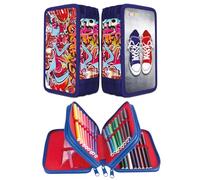 gimboo Sac d'écolier avec accessoires/Trousse de Grande capacité/3 Compartiments/Trousse à Crayons/Motif Graffiti/Enfants garçons et Filles, Bleu, 19 x 11,5 x 6 cm