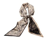 GIMIRO Écharpe en Satin, 148 x 13 cm, Motif Géométrique Damier, Double Couche, Polyester, Marron et Blanc (Fleur crème noire brune)