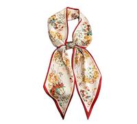 GIMIRO Écharpe en Satin, 148 x 13 cm, Motif Géométrique Damier, Double Couche, Polyester, Marron et Blanc (Rouge - Fleur crème)