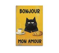 Gimmygo Impression sur toile avec chat noir et café « Bonjour Mon Amour » - Décoration murale vintage pour salon, chambre à coucher - 20,3 x 30,5 cm