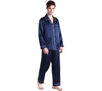 Ginell Tranquility Series Ensemble de pyjama 2 pièces en soie pour homme 100 % soie de mûrier Couleurs unies Boutons sur le devant, Indigo uni (soie de qualité supérieure 19 mommes/sans kit de test