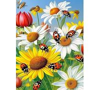 Ginfonr 5D Diamant Painting Diamond Painting Complet Marguerite Coccinelle, Broderie Peinture Diamant Painting Plante Insecte Kit Complet Décoration De Pour La Décoration Murale De La Maison 30x40 cm