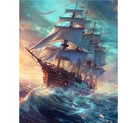 Ginfonr 5D Diamond Painting Complet Voilier Vague, Broderie Peinture Diamant Painting Paysages Kit Round Full Drill Complet Décoration De Pour La Décoration Murale De La Maison 30x40 cm