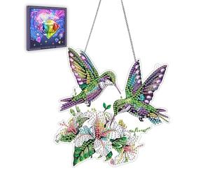 Ginfonr Diamond Painting Pendentif Colibri Avec Chaîne, 5D Diamond Painting Adulte Fleur, 5D DIY Pendentif Peinture Diamant Adulte Enfant, Décoration de Maison et Jardin 20x20cm