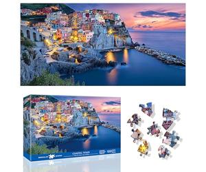 Ginfonr Puzzle 1000 Teile, Coastal Town - Puzzle pour Adultes Énigme Difficile, Paysage Jeux De Jeu d'images Toute La Famille, Un Cadeau Festif Vos Amis dans Un Bel Emballage 41x80 cm