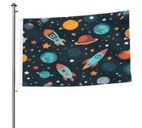 Ginfult Drapeau de jardin double face en polyester avec motif planètes, étoiles, fusées, 1,5 x 2,4 m, pour terrasse, pelouse, porche, balcon