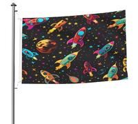 Ginfult Drapeau d'extérieur coloré avec fusées spatiales et planètes - 1,5 x 2,4 m - Double face - En polyester - Pour terrasse, pelouse, porche, balcon