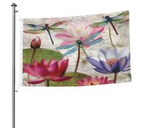 Ginfult Drapeau d'extérieur rétro libellule et fleurs de lotus, 1,5 x 2,4 m, drapeau de jardin double face en polyester décoratif pour terrasse, pelouse, porche, balcon