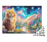 Ginger Cat par Le lac; étoiles Lumineuses, chalets Confortables derrière Puzzle De 1000 Pièces Chat Mignon Éducatif Et De Défiant, Cadeau pour Tous 52x38cm/1000pcs