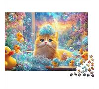 Ginger Cat se baigne avec des Canards en Caoutchouc, des Bulles et des Fleurs Puzzle De 1000 Pièces Chat Mignon Idéal pour Hommes, Femmes, Enfants Et Personnes Âgées 38x26cm/1000pcs
