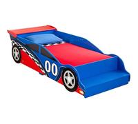 GINGER HOME - Lit voiture enfant en bois avec barrière & marche/banquette, sommier inclus, 130 x 70 cm, rouge/bleu