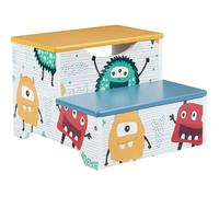 Ginger Home ¿ Marchepied Enfant 2 Marches Avec Rangement, Poignée, Mdf, Motif Monster, 33×35,5×24,7 Cm Bleu