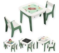 GINGER HOME Table Enfant 4 en 1 avec 2 Chaises - Plateaux Réversibles, Tableau Noir & Blocs type LEGO - Design FOREST