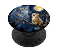 Ginger Kitten Howling at The Moon Night Sky Cat Art PopSockets PopGrip Adhésif