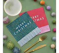 Ginger Ray Lot de 16 serviettes en papier à franges rouges et vertes « Merry Christmas »