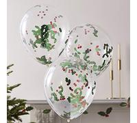 Ginger Ray Lot de 5 ballons à confettis remplis de houx de Noël, vert, rouge