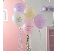 Ginger Ray Lot de 5 ballons en latex avec queues en papier de soie pastel « Happy Birthday »