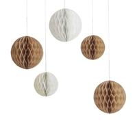 Ginger Ray- Neutral Ivory and Light Brown Hanging Honeycombs Baby Shower Decoration 5 Pack, Variety Pack