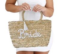 Ginger Ray Sac en rotin tissé avec embellissement en corde « Bride » et pompon blanc pour enterrement de vie de jeune fille ou lune de miel
