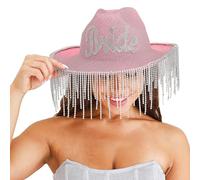 Ginger Ray- Embellished Diamante 'Bride' Pink Glitter Cowboy Hat with Tasselled Rim Hen Party Wearable, Uni, 1 Count (Pack of 1)