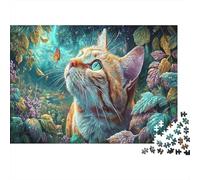 Ginger Tabby Chat Regarde Le Papillon dans la forêt enchantée Puzzle Familial 1000 Pièces, Pet Éducatif, Loisirs Conviviaux Et Décoration 38x26cm/1000pcs