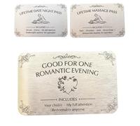 GINGER TECH Lot de 3 cartes portefeuille en acier inoxydable avec carte de coupon d'amour romantique, comprend un pass de nuit, une soirée romantique, une carte de massage à vie
