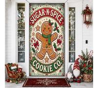 Gingerbread Man Sugar N Spice Housse de porte de Noël 91,4 x 182,9 cm | Thème de vacances fantaisie, toile de fond de porte d'entrée, typographie rétro, motifs festifs de houx, installation facile