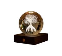 Gingko Lampe LED en cristal ambré - Arbre de vie gravé 3D | Lumière d'ambiance rechargeable avec base en noyer | Cadeau spirituel unique et décoration d'intérieur zen
