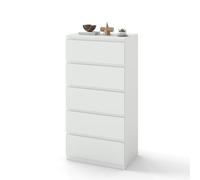 Ginhow Commode 5 Tiroirs Blanche, Tables de Chevet étroite Haute pour Adulte, Commode Chambre Adulte au Design Moderne, Chiffonnier Meuble de Rangement multifonctionnelle