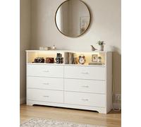 Ginhow Commode blanche brillante avec 6 tiroirs, 150 cm de large, avec LED et prise, buffet moderne et USB, armoire polyvalente pour chambre à coucher, salon, couloir