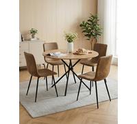 Ginhow Table à manger avec 4 chaises - Ronde - 120 cm - Aspect chêne - Ensemble de 4 chaises de salle à manger en daim - Ensemble de salle à manger moderne rembourré - Design industriel