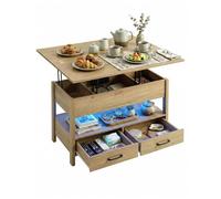 Ginhow Table Basse Relevable et Extensible 49-59.5cm, avec Rangement et Tiroir, 2 Prises et 2 USB, Rectangulaire pour Salon, Transformable en Table à Manger 8 Places