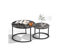 Ginhow Table Basse Salon Marbre Noire Ronde, Table Basse Gigogne Ronde en Verre avec Cadre Noir Set de 2