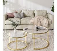 Ginhow Table Basse Verre Trempé Lot de 2 Table Basse Gigogne Ronde Doré | Table Basse Ronde Verre avec Pieds de Dorés et Verre Trempé Montage Facile et Gain de Place, 80x80x45 cm + 60x60x35 cm