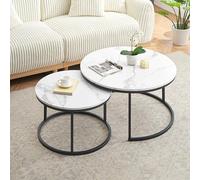Ginhow Table de Salon avec Effet marbre, Table Basse Gigogne avec Cadre Noir, Table Ronde Moderne, Table Basse Ronde Blanche Set de 2